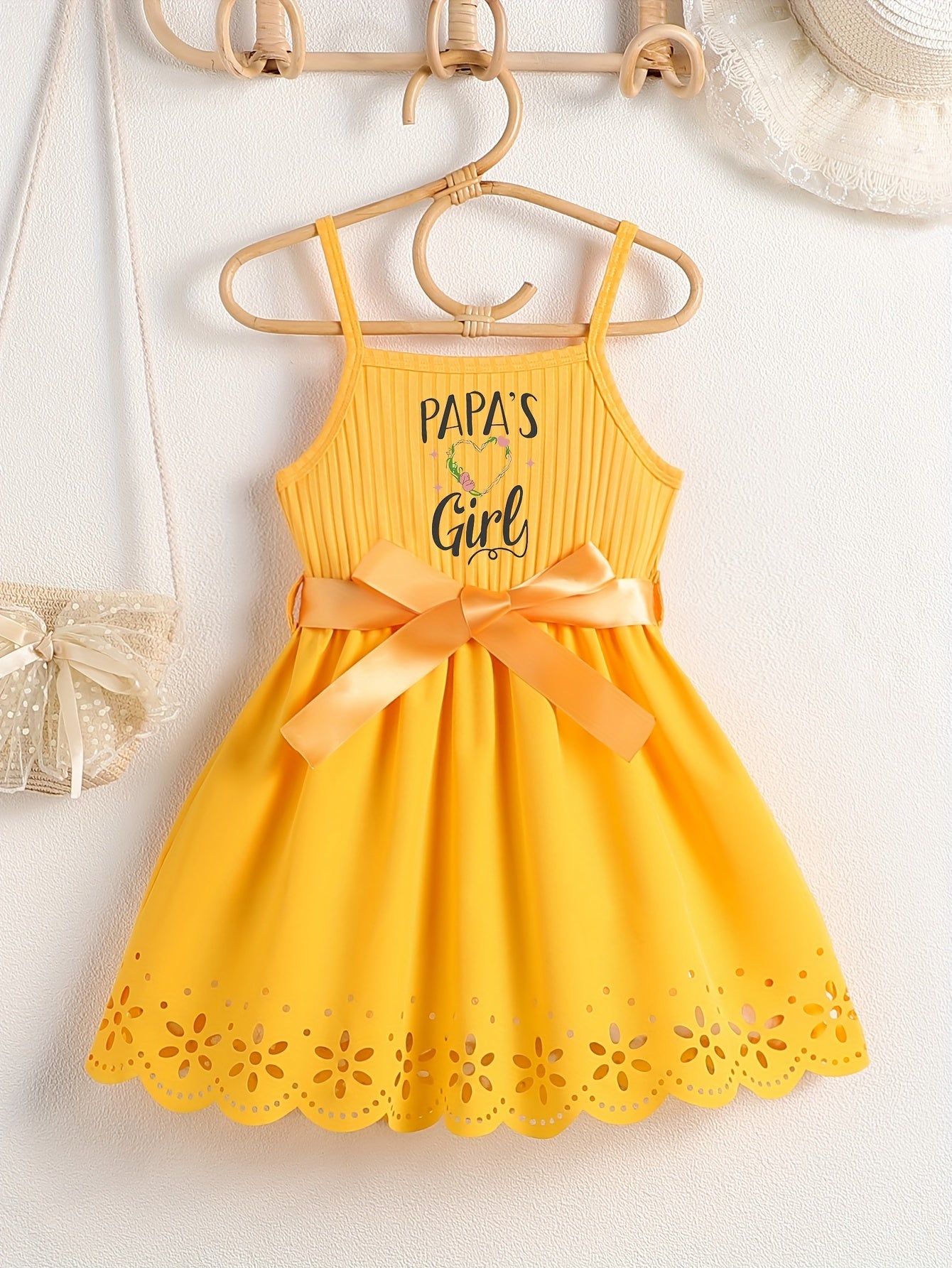 PAPA'S GIRL Print, Girl's Fashion Casual Summer Sleeveless Dress With Bow Belt And Hollow Out Design For Outdoor Wear