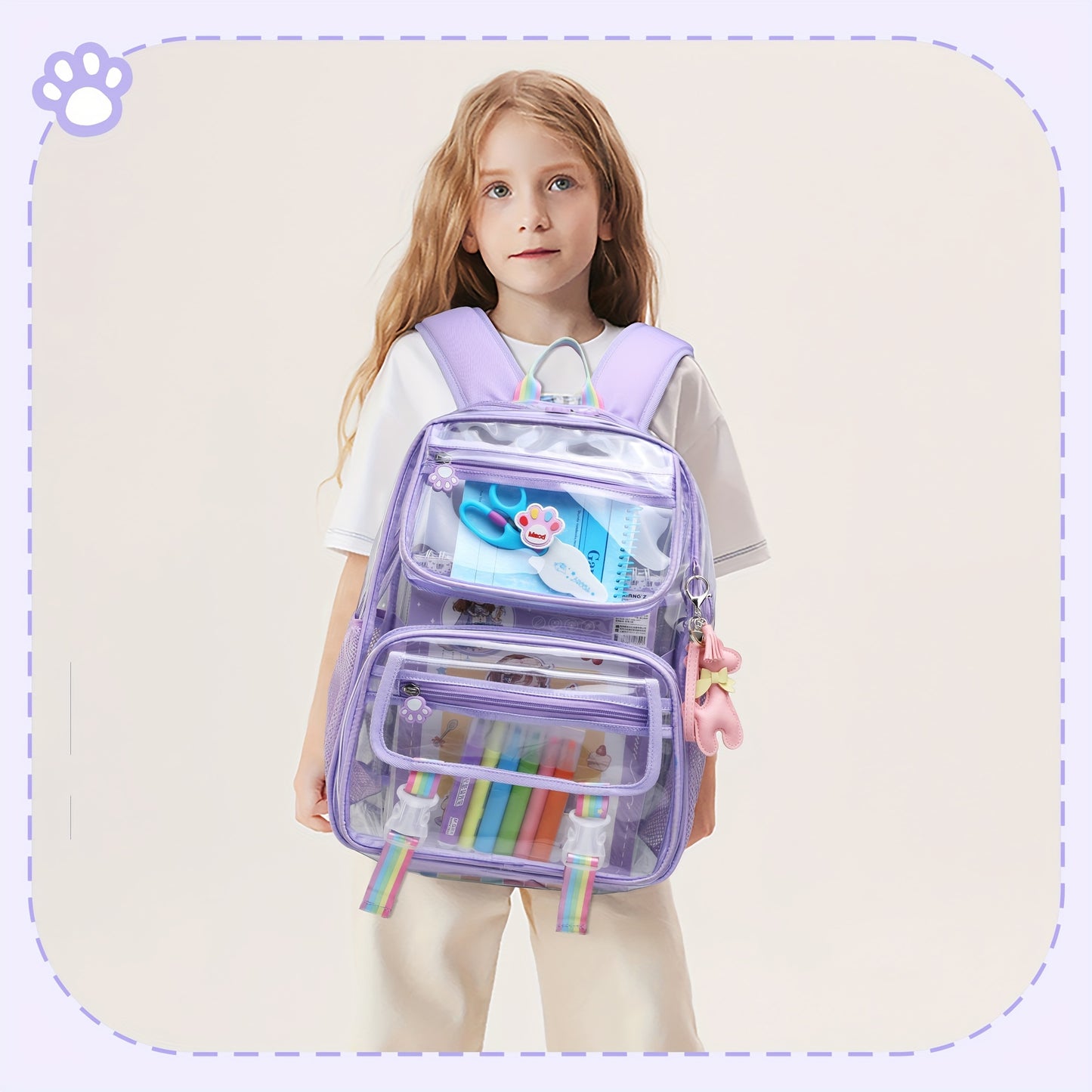 Clear Backpack for Girls Cute Transparent Heavy Duty Kid School Book Bags with Reinforced Padded Straps and Complimentary Gift (purple)