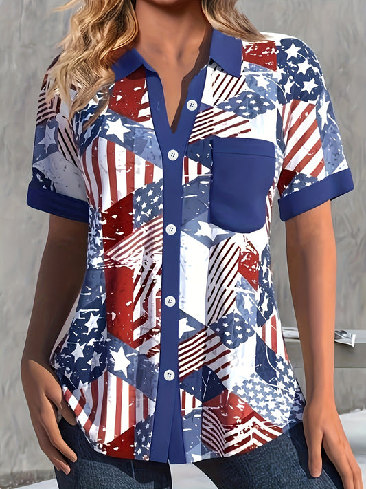 Plus Size Elegant Lapel Collar Flag Print Shirting Blouse - Button Front, Slight Stretch, Random Printing, Woven Polyester Fabric - Perfect for Spring and Summer Casual Wear