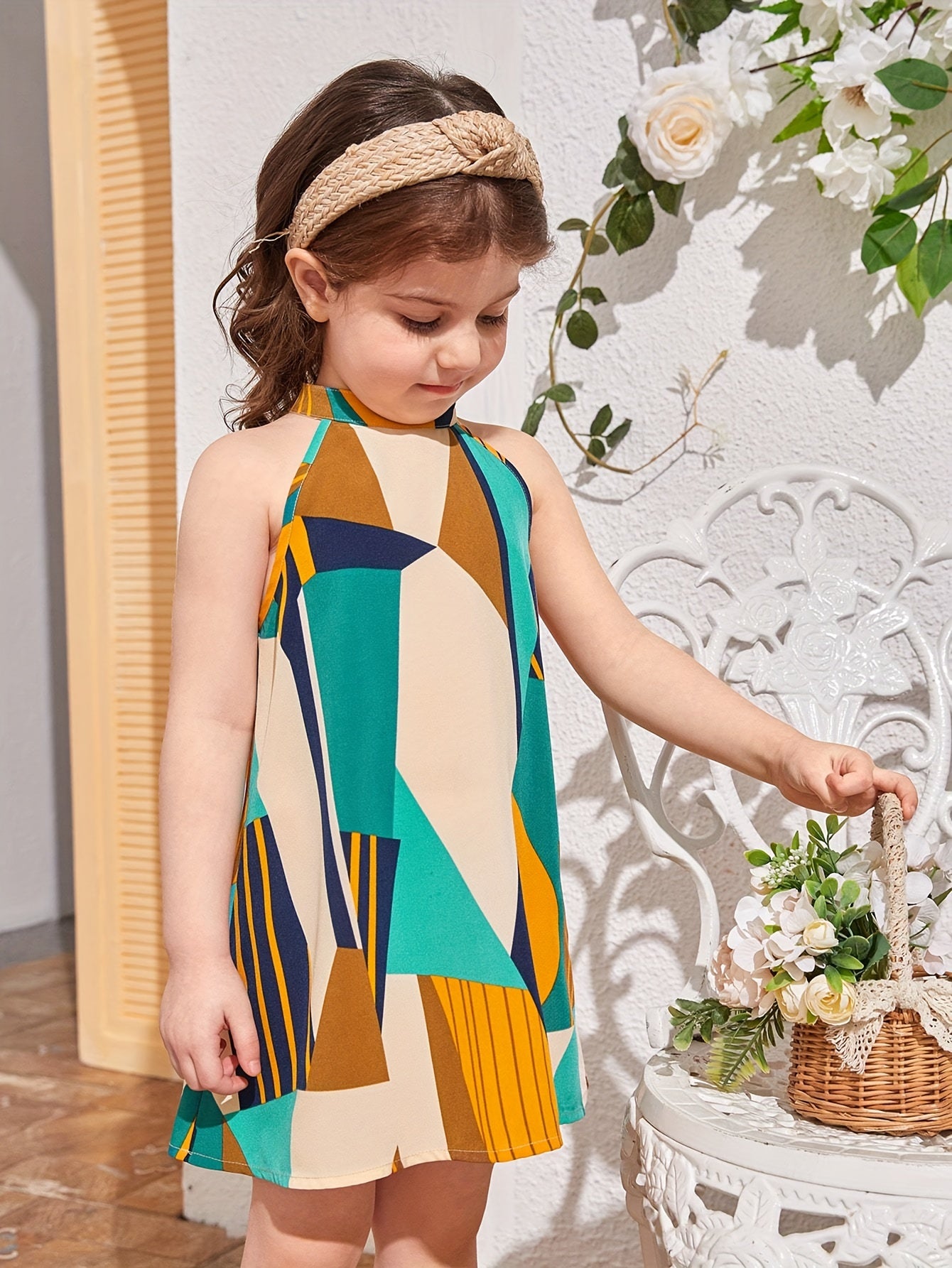 Knee-Length Geometric Pattern Boho Chic Dress for Young Girls - Sleeveless, Halter Neck, Non-Stretch Polyester, Machine Washable, Perfect for Summer - Conventional Fit, Vibrant Colors, Woven Fabric, Easy Care