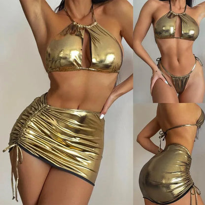 Women's Swimwear Sexy Shiny Swimsuit Set Bikini Three-piece for Women Beach Party Beachwear Bra Skirt Triangle Bikinis Clue Dancing Wear