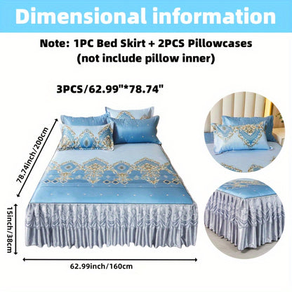 2PCS/3PCS New Full Lace Hem Bed Skirt, Jacquard Ice Silk Mat, Softness and Comfort, Folding, Machine Wash, Mattress Cover, Bedding Set, Bedroom Guest Room Bedding, Single, Double, Multiple Sizes(1PC Bed Skirt + 1PC/2PCS Pillowcases, Without Core)