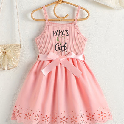 PAPA'S GIRL Print, Girl's Fashion Casual Summer Sleeveless Dress With Bow Belt And Hollow Out Design For Outdoor Wear