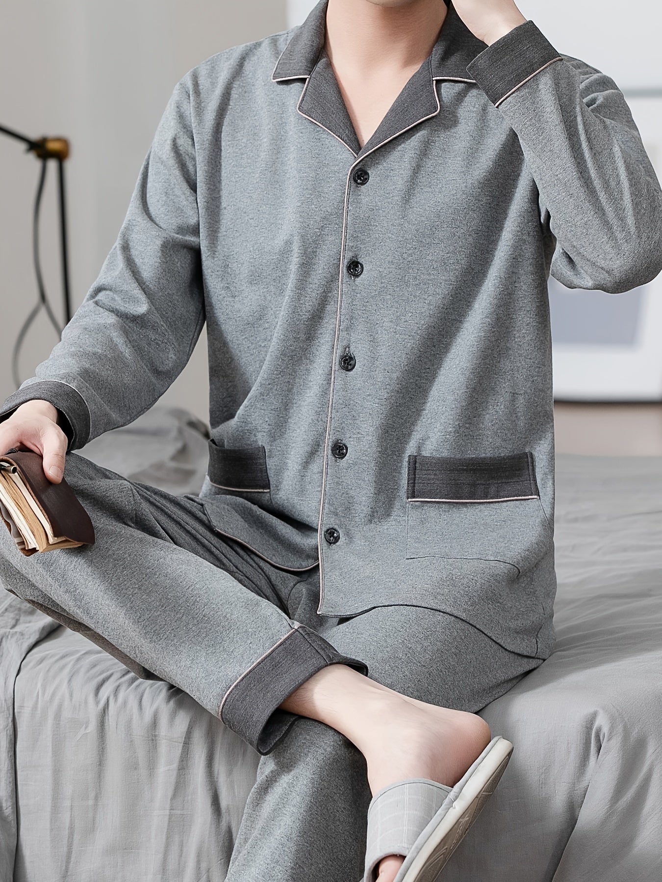 Mens Cotton Blend Pajama Set - Soft & Stretchy, Long Sleeve with Color Block Contrast, Comfy Loungewear for Year-Round Stylish Relaxation, Perfect for Spring/Fall