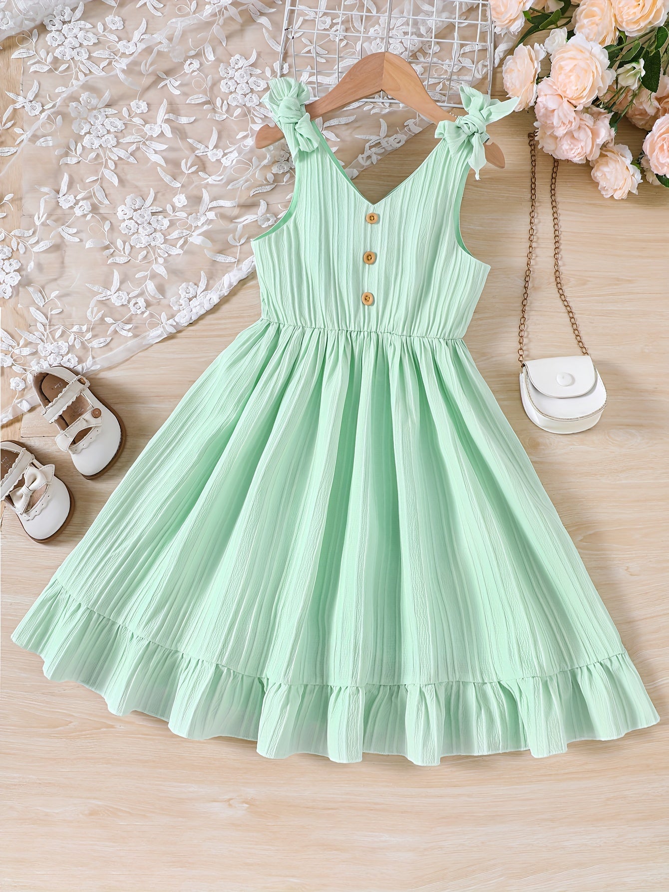 Adorable Bow-Knot Embellished Strappy Sleeveless Dress for Little Princesses - Perfect for Summer Celebrations and Special Occasions - Irresistibly Cute and Charming Decorated Party Gift