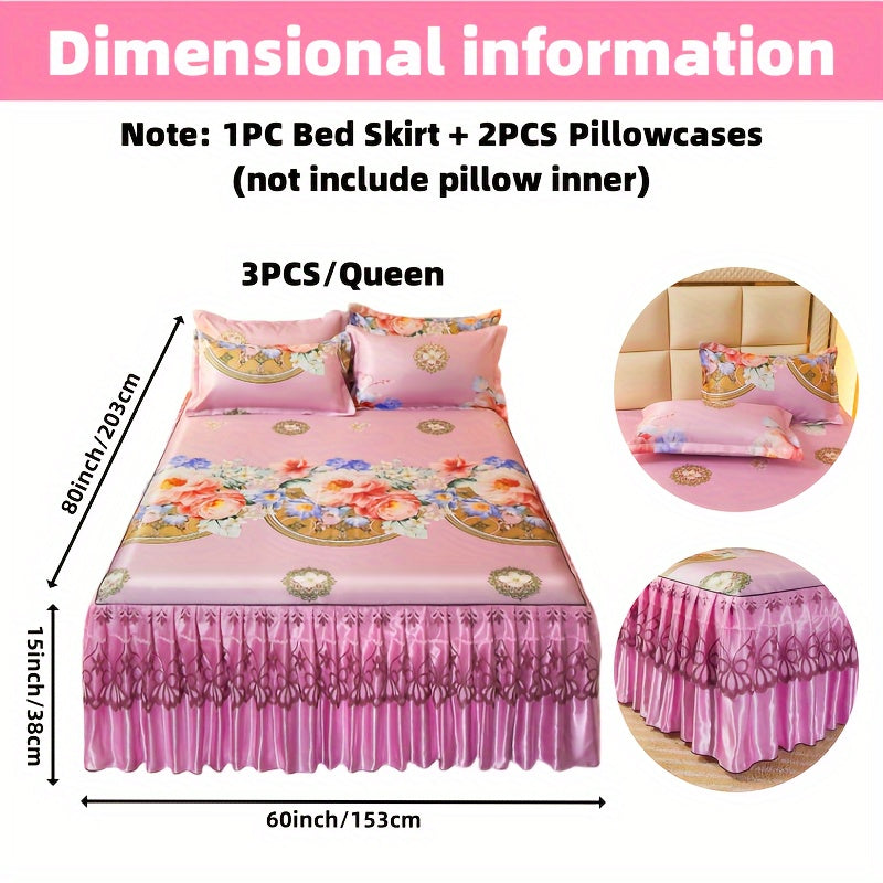 2PCS/3PCS New Full Lace Hem Bed Skirt, Jacquard Ice Silk Mat, Softness and Comfort, Folding, Machine Wash, Mattress Cover, Bedding Set, Bedroom Guest Room Bedding, Single, Double, Multiple Sizes(1PC Bed Skirt + 1PC/2PCS Pillowcases, Without Core)