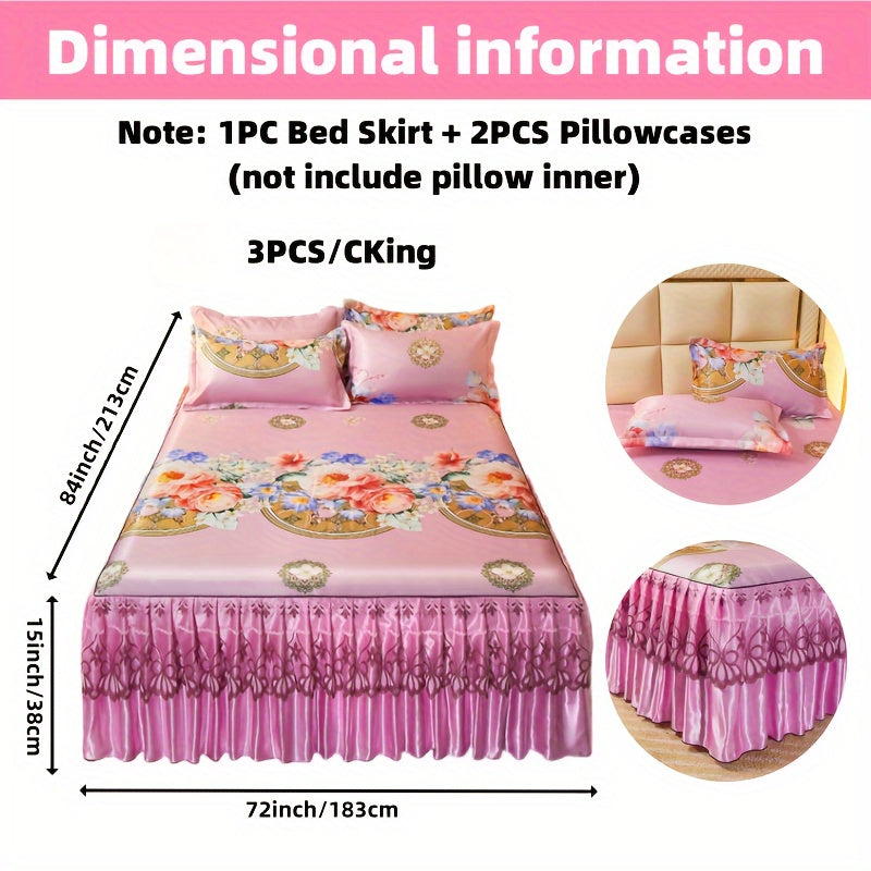 2PCS/3PCS New Full Lace Hem Bed Skirt, Jacquard Ice Silk Mat, Softness and Comfort, Folding, Machine Wash, Mattress Cover, Bedding Set, Bedroom Guest Room Bedding, Single, Double, Multiple Sizes(1PC Bed Skirt + 1PC/2PCS Pillowcases, Without Core)