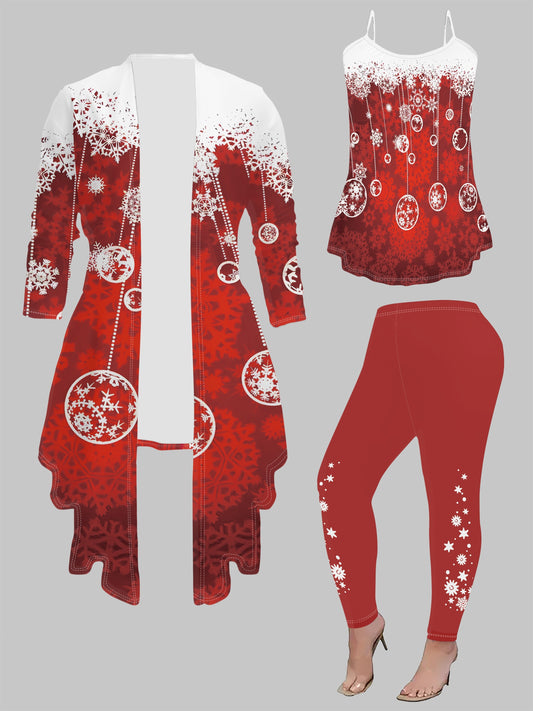 Christmas Snowman Print Women's 3-Piece Set - Knit Fabric, Polyester, Round Neck, All-Season Fashion Pantsuit with Sleeveless Top and Long Sleeve Cardigan