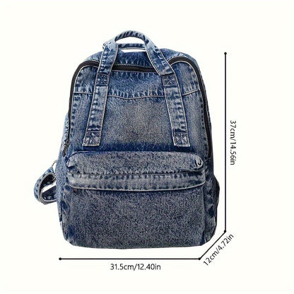 Chic Large-Capacity Denim Backpack - Stylish Zippered Rucksack with Durable Polyester Lining for Women