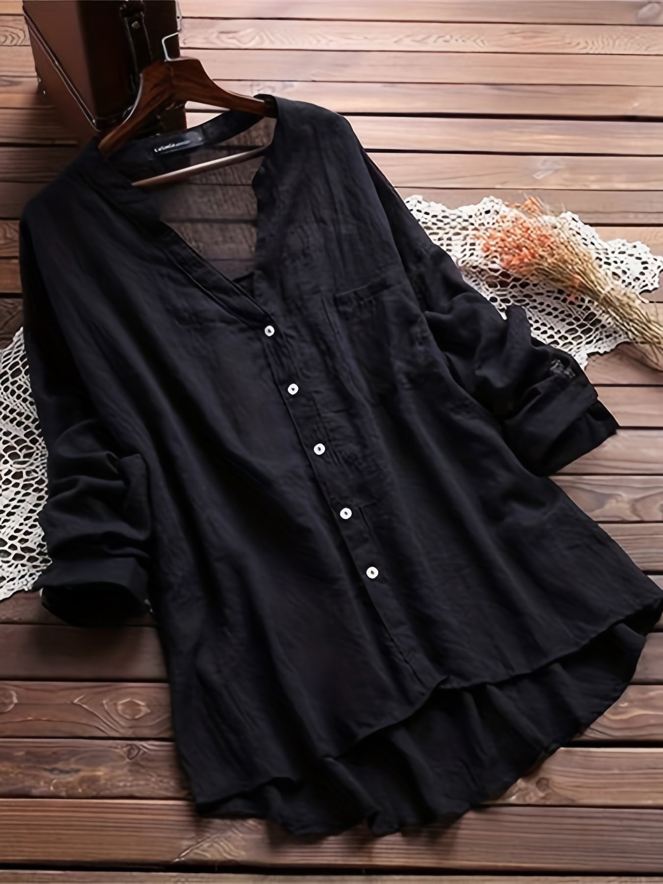 Plus Size Chic Button-Up Blouse - Long Sleeve, Notched Neck & Asymmetrical Hem - Versatile Casual Top