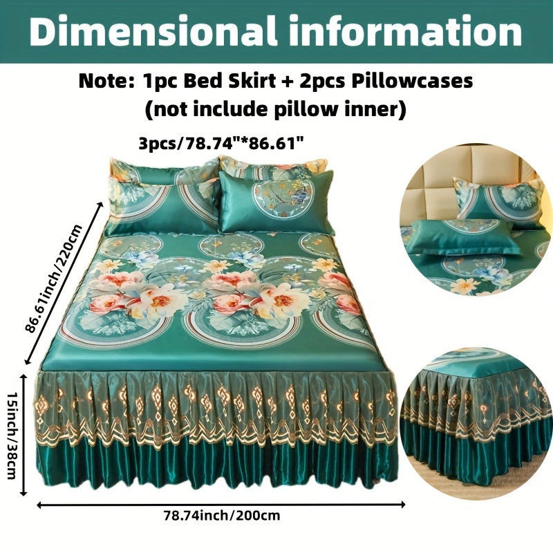 2PCS/3PCS New Full Lace Hem Bed Skirt, Jacquard Ice Silk Mat, Softness and Comfort, Folding, Machine Wash, Mattress Cover, Bedding Set, Bedroom Guest Room Bedding, Single, Double, Multiple Sizes(1PC Bed Skirt + 1PC/2PCS Pillowcases, Without Core)