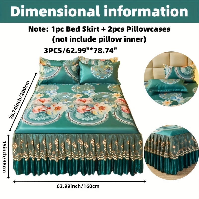 2PCS/3PCS New Full Lace Hem Bed Skirt, Jacquard Ice Silk Mat, Softness and Comfort, Folding, Machine Wash, Mattress Cover, Bedding Set, Bedroom Guest Room Bedding, Single, Double, Multiple Sizes(1PC Bed Skirt + 1PC/2PCS Pillowcases, Without Core)