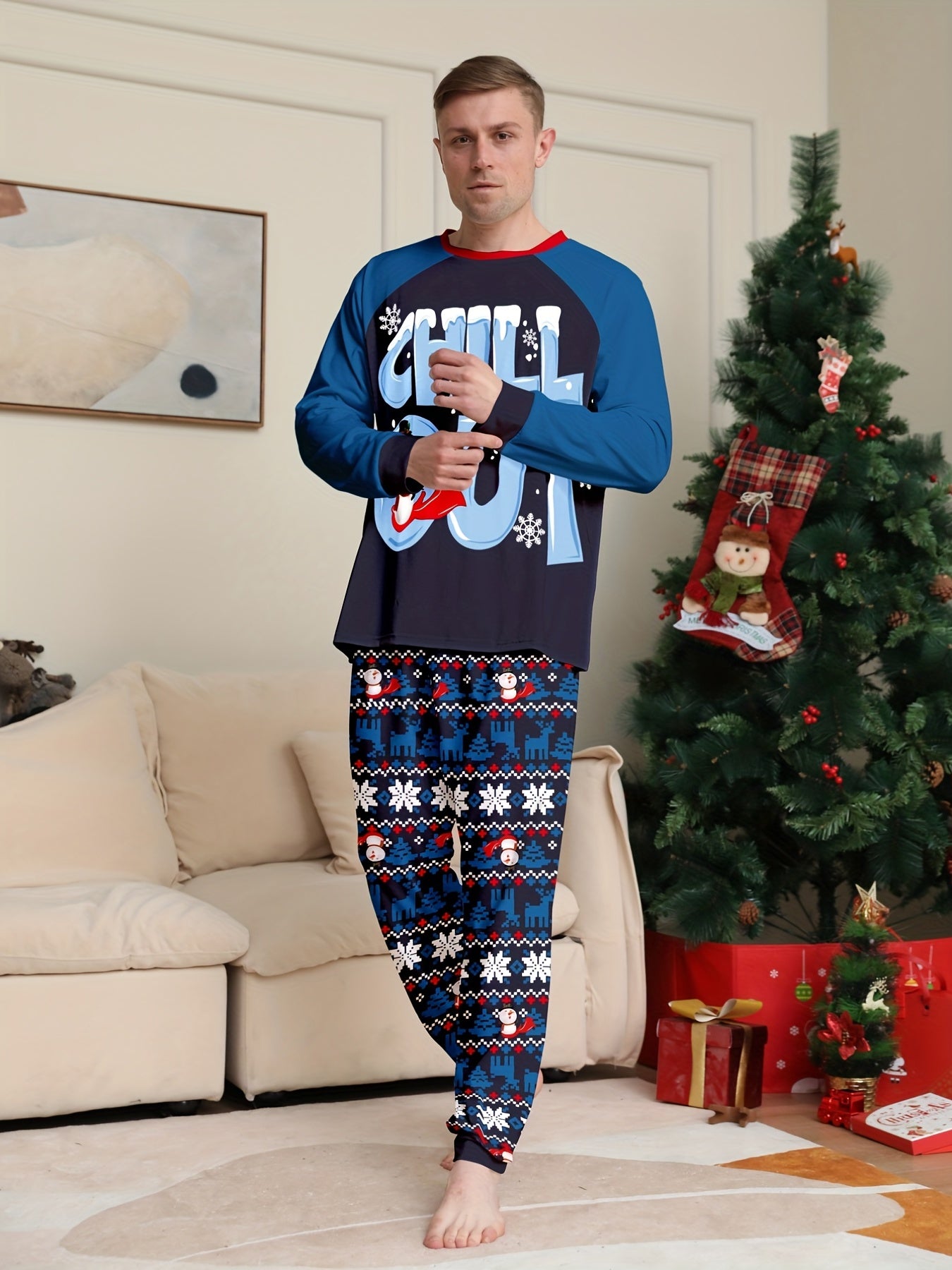 Men's Trendy Casual Christmas Pajamas Sets, CHILL OUT Letter Snowman Antler Graphic Print Long Sleeve Crew Neck Top & Loose Pants Lounge Wear