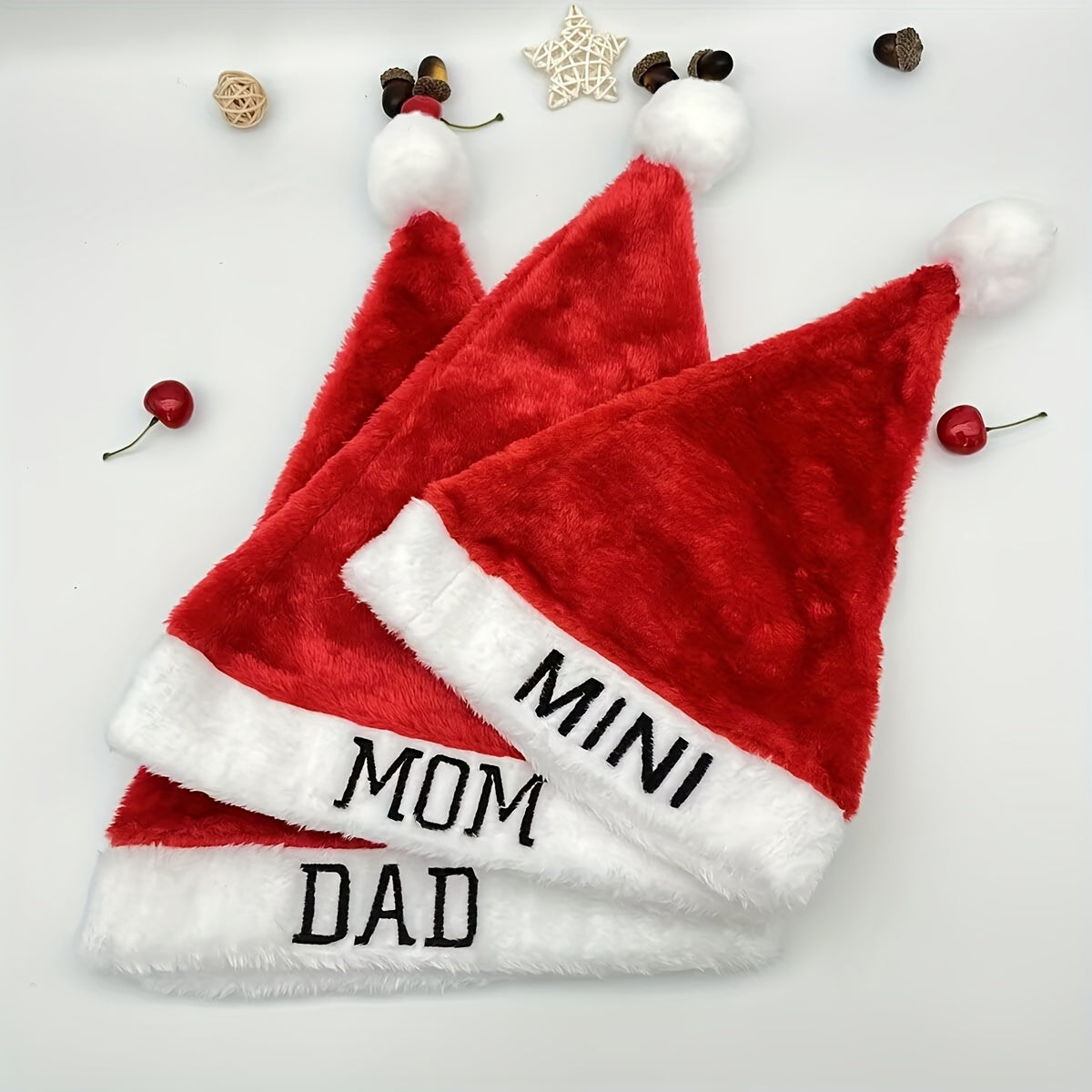 Christmas Santa Hats for Family Set - Handmade Plush Polyester Christmas Hats with Personalized "DAD" and "MOM" Embroidery for Festive Holiday Atmosphere - Hand Washable Knitted Hats for Christmas Occasion