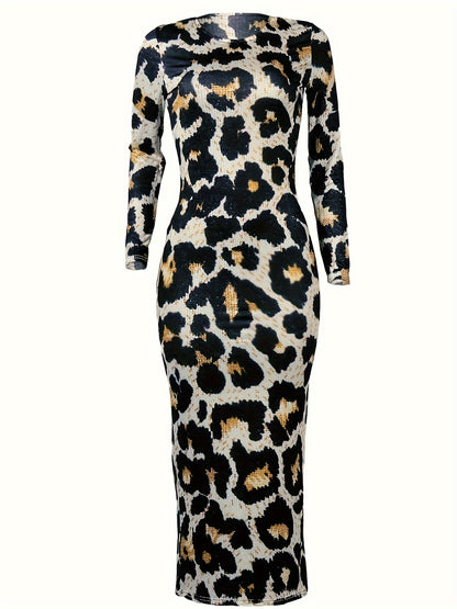 Leopard Print Chic Bodycon Dress - Comfortable Long Sleeve Crew Neck - Flattering Form-Fitting Style - Ideal for Casual Everyday Wear - Womens Fashion