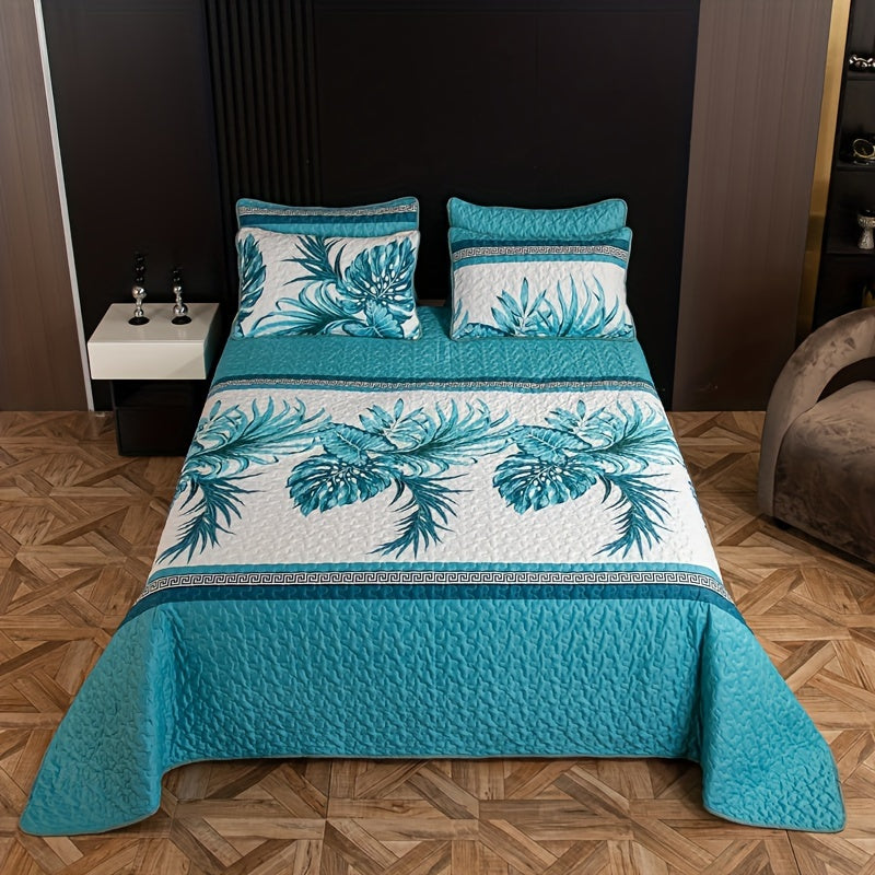 3pcs Ultra-Soft Tropical Palm Print Reversible Bedspread Set - Breathable, Moisture-Wicking, and Hypoallergenic Bedding with 2 Pillowcases - Perfect for Hotel, Guest Room, and Bedroom Decor, Polyester Fabric, Easy Care, and Machine Washable