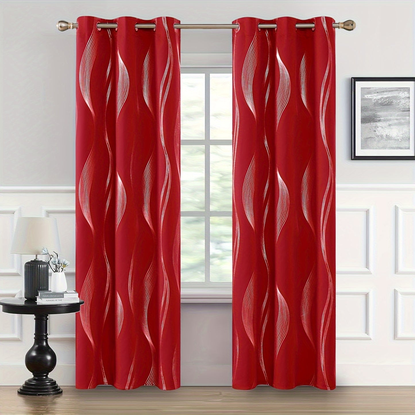 2PCS Luxurious Blackout Curtains with Grommet Top - Thermal Insulated, Noise Reducing, High Precision Bronzing Striped Wave Pattern for All-Season Room Darkening - Polyester Drapes for Bedroom and Living Room with Easy Installation