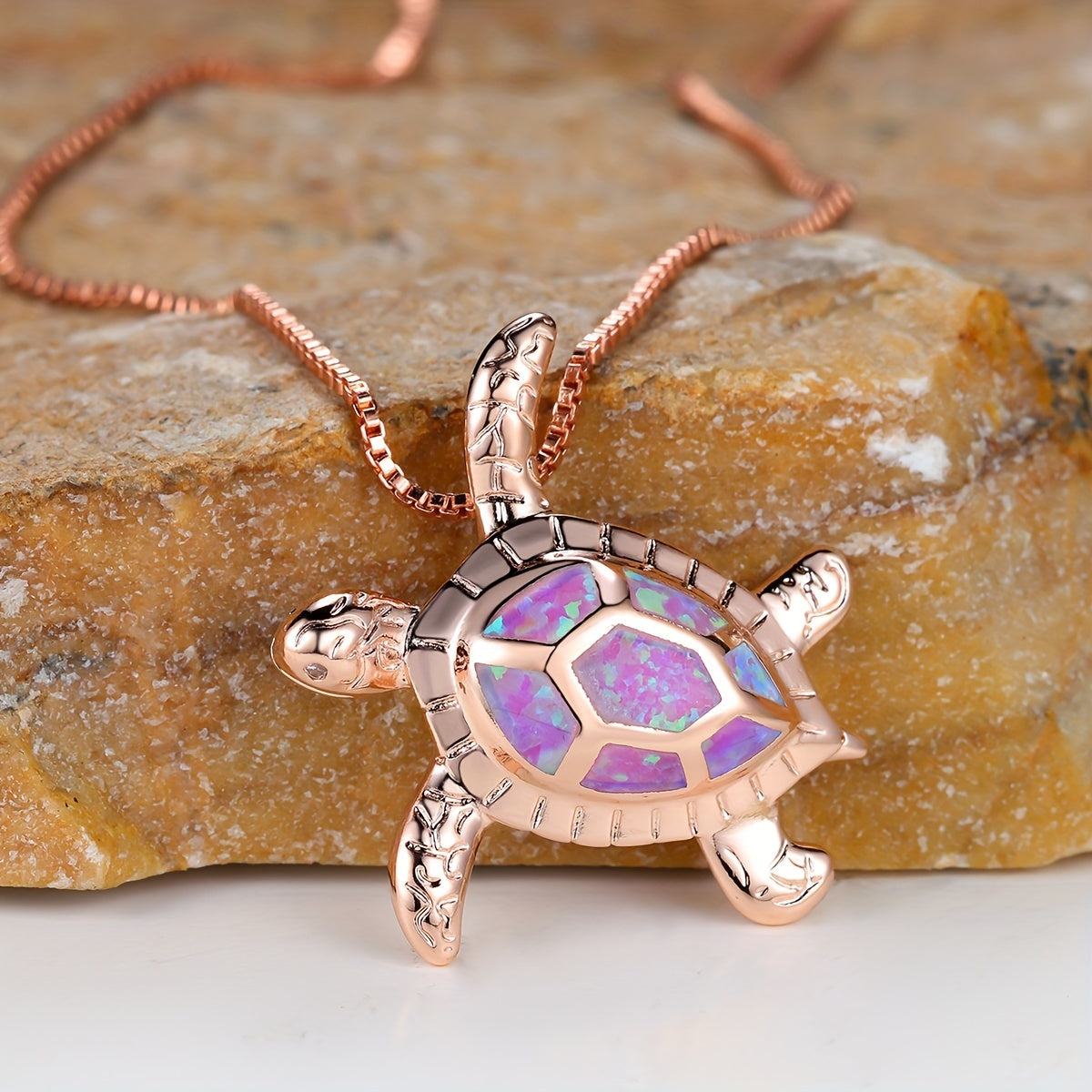 Ocean Turtle Design Pendant Necklace Inlaid Opal, For Summer Beach Seaside Vacation Travel Neck Jewelry Gift