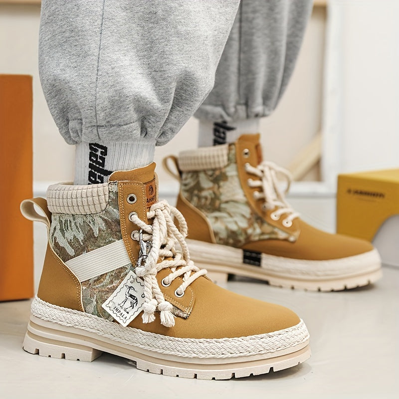 Men's Trendy High Top Snow Boots With Warm Plush Lining, Comfy Non Slip Lace Up Casual Shoes For Men's Outdoor Activities