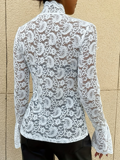 Elegant Paisley Lace T-Shirt - Long-Sleeve & High-Neck Design - Chic Casual Wear for Women