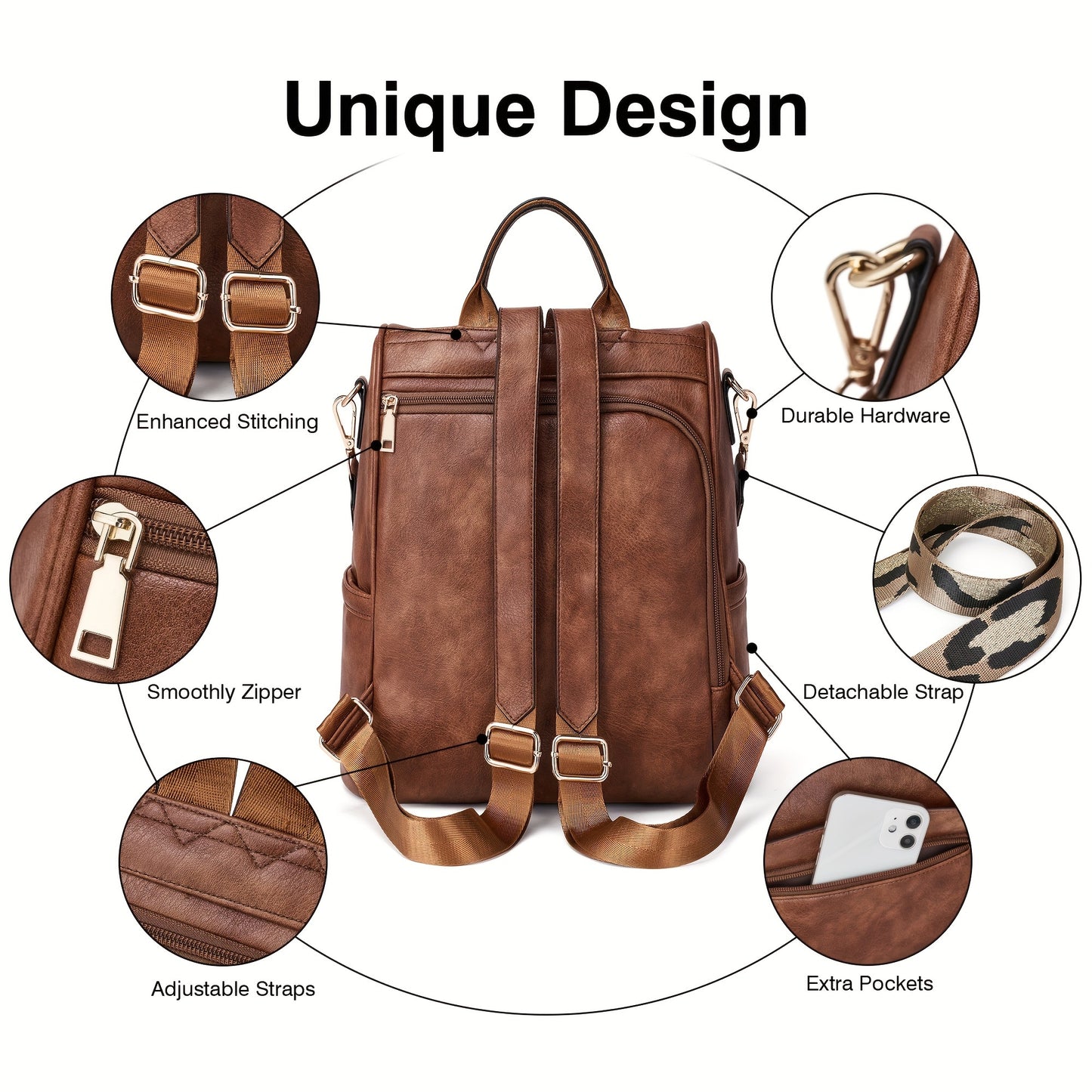 Opage Backpack Purse For Women Leather Fashion Designer Ladies Shoulder Bags Travel Backpacks With Wristlets