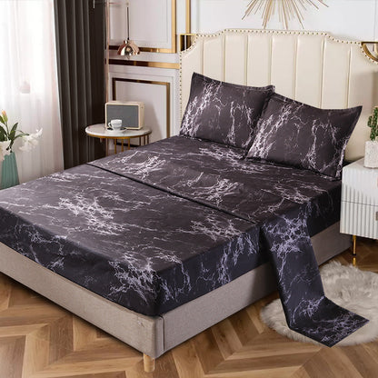 4-Piece Marble Brushed Fitted Sheet Set - Soft, Breathable, and Hypoallergenic Stone Pattern Bedding with Deep Pockets - Luxurious Bedding for Bedroom and Guest Room