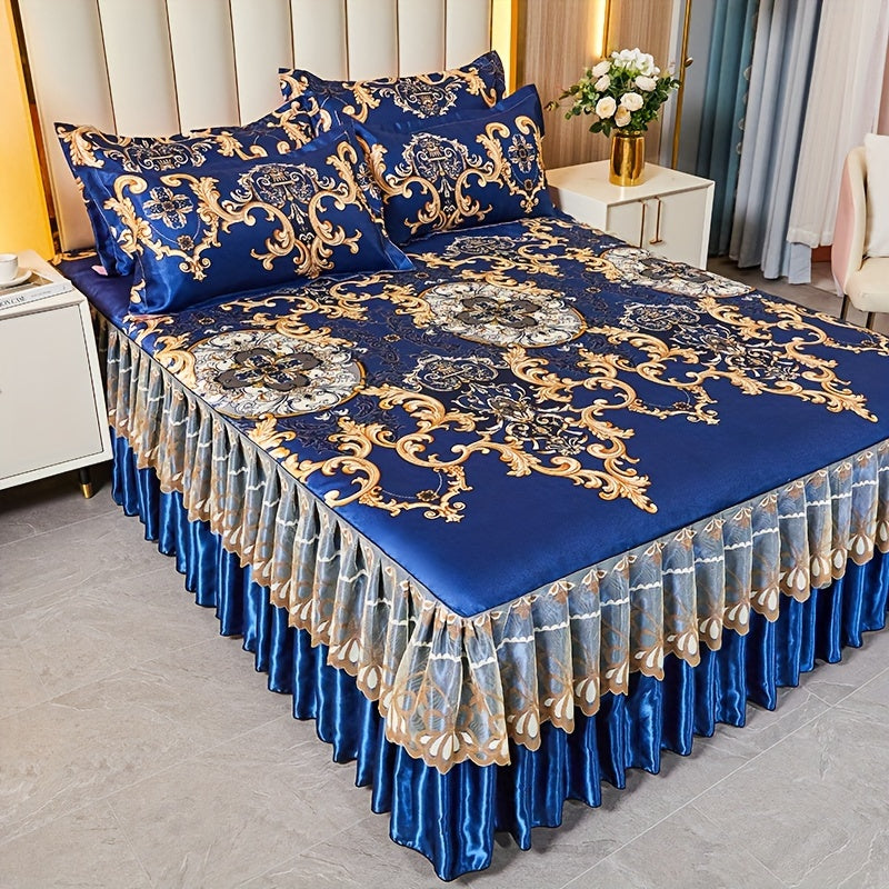 2PCS/3PCS New Full Lace Hem Bed Skirt, Jacquard Ice Silk Mat, Softness and Comfort, Folding, Machine Wash, Mattress Cover, Bedding Set, Bedroom Guest Room Bedding, Single, Double, Multiple Sizes(1PC Bed Skirt + 1PC/2PCS Pillowcases, Without Core)