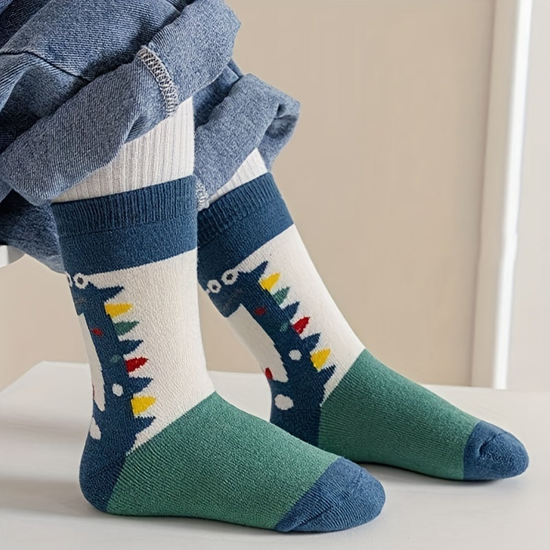 5 Pairs Of Boy's Cute Dinosaur Pattern Knitted Socks, Comfy Breathable Soft Crew Socks For Kid's Outdoor Wearing