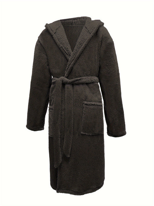 Men's Comfy Loose Solid Fleece Robe Home Pajamas Wear With Pocket One-piece Lace Up Kimono Night-robe Warm Sets After Bath