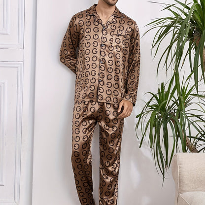 2 Pcs Men's Silky Trendy Geometric Print Open Front Long Sleeve & Trousers Pajama Sets, Comfortable & Skin-friendly Style Pajamas For Men's Cozy Loungewear