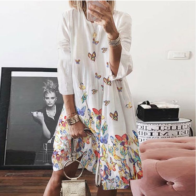 2025 New spring and summer new 2025 women's clothing retro printing crew neck dress digital printing multi-color skirt