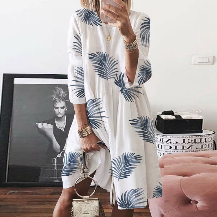 2025 New spring and summer new 2025 women's clothing retro printing crew neck dress digital printing multi-color skirt