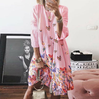 2025 New spring and summer new 2025 women's clothing retro printing crew neck dress digital printing multi-color skirt