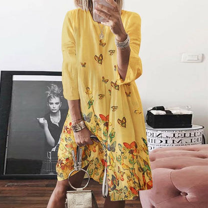 2025 New spring and summer new 2025 women's clothing retro printing crew neck dress digital printing multi-color skirt