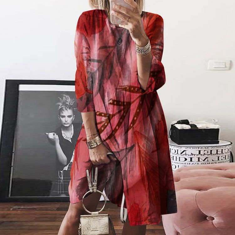 2025 New spring and summer new 2025 women's clothing retro printing crew neck dress digital printing multi-color skirt