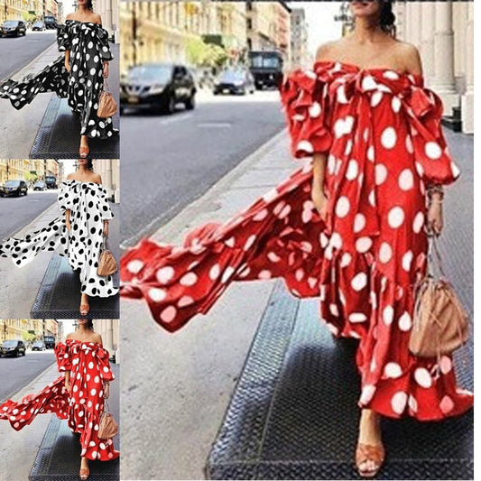 2025 2025 Popular trade New women's dress  off-the-shoulder polka dot casual bohemian long dress