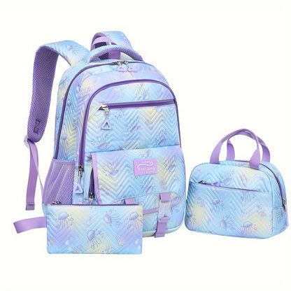 3pcs Whimsical Jellyfish Striped Backpack Set - Adjustable Strap, Zipper Closure, Polyester Lining, Random Printing - Preppy Fantasy Schoolbag with Lunch Box Bag and Pencil Case