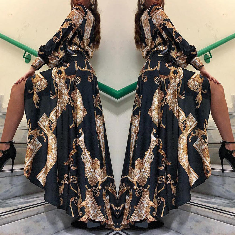 2025 new New 2025  women's clothing retro court style printing long-sleeved dress mopping shirt skirt