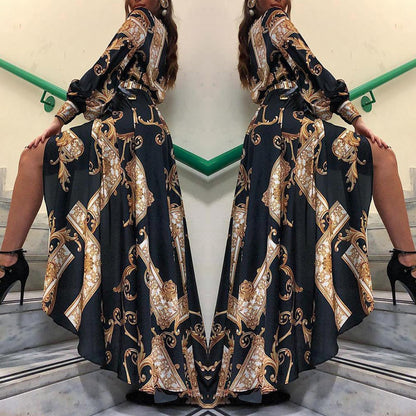 2025 new New 2025  women's clothing retro court style printing long-sleeved dress mopping shirt skirt