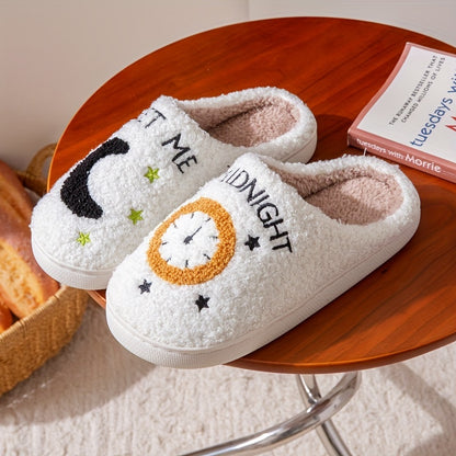 Letter & Moon Plush Home Slippers, Soft Sole Indoor Warm Lined Shoes, Non-slip Floor Cozy Shoes