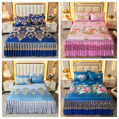 2PCS/3PCS New Full Lace Hem Bed Skirt, Jacquard Ice Silk Mat, Softness and Comfort, Folding, Machine Wash, Mattress Cover, Bedding Set, Bedroom Guest Room Bedding, Single, Double, Multiple Sizes(1PC Bed Skirt + 1PC/2PCS Pillowcases, Without Core)