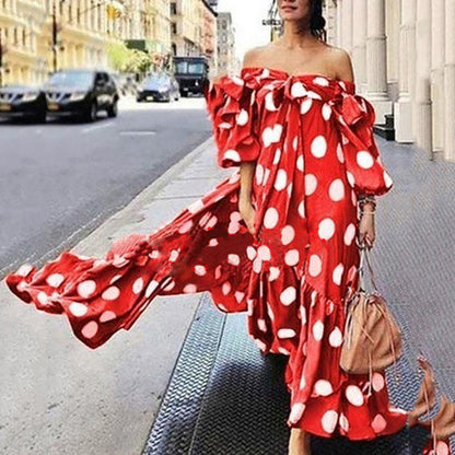 2025 2025 Popular trade New women's dress  off-the-shoulder polka dot casual bohemian long dress