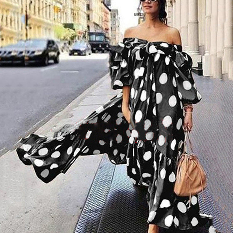 2025 2025 Popular trade New women's dress  off-the-shoulder polka dot casual bohemian long dress