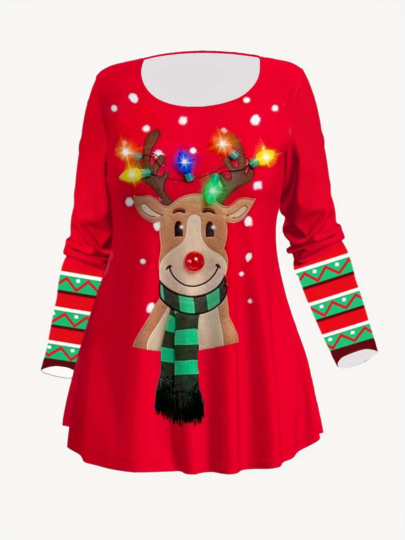 Women's Plus Size Christmas Outfit - Reindeer & Snowflake Print Long Sleeve Tee and Striped Leggings Set, Casual Polyester Knitwear