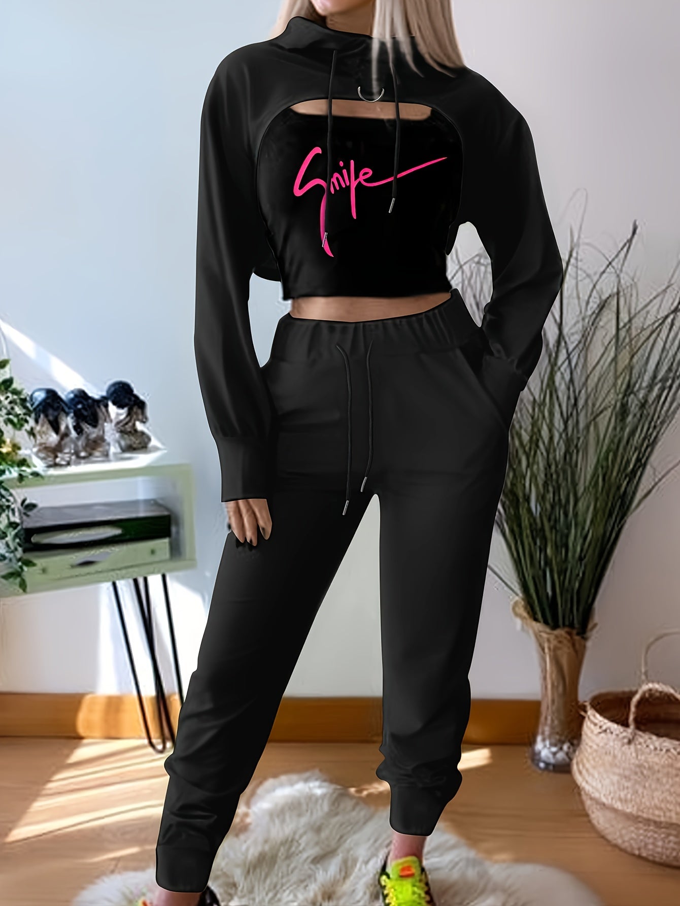 Three-Piece Outfit Set - Cozy Long Sleeve Hoodie, Stylish Scoop Neck Crop Top, and Comfortable Drawstring Waist Jogger Pants with Color Block Design and SMILE Print - Womens Complete Casual Clothing Set for Versatile Wardrobe