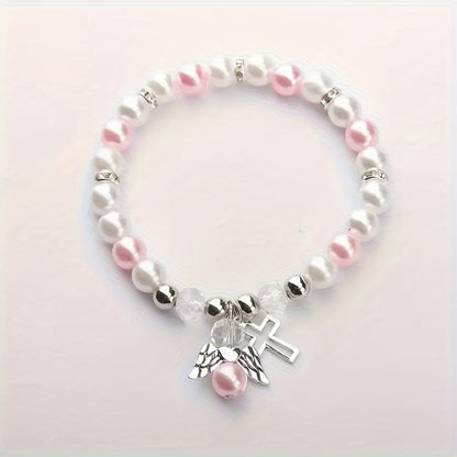 Delicate Angel Wing Cross Charm Bracelet - Exquisite Pink and White Faux Pearls, Vintage-Inspired Elegant Design, Perfect Gift for Women, Ladies, and Girls - Hypoallergenic, Nickel-Free, Durable, and Adjustable Clasp