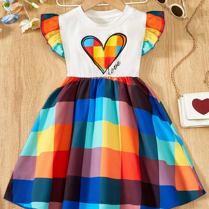 Adorable Girls Heart Print Ruffle Dress with Plaid Splicing - Perfect for Summer Outdoor Parties and Precious Gift Ideas