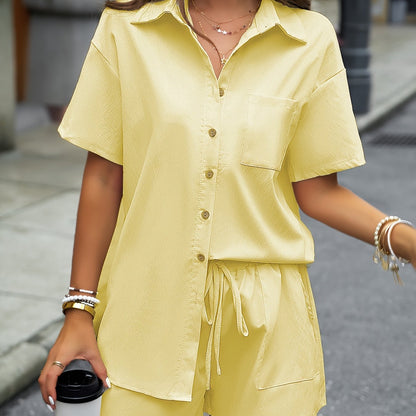 Two-Piece Solid Casual Outfit Set - Elegant Button Front Turn Down Collar Mid-Length Shirt & Drawstring Elastic Waist Shorts - Polyester Woven, Spring/Summer Wear, No Sheer, No Printing, Lace-Up Closure