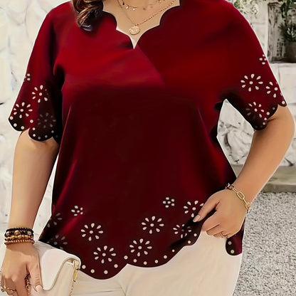 Plus Size V Neck Scallop Trim Cut Out Blouse - Soft Slight Stretch Polyester Fabric, Hollow Out Design, Casual Short Sleeve Shirt for Spring - Middle East Style, All-Season Wear, No Printing, Woven