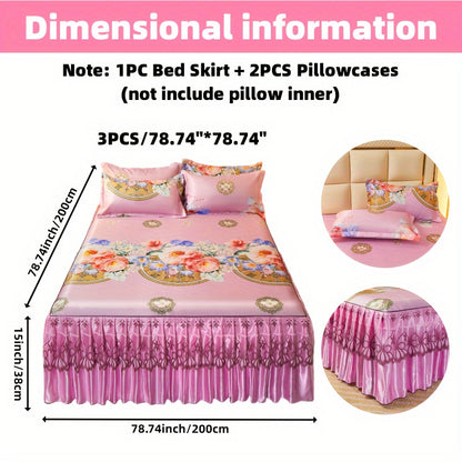 2PCS/3PCS New Full Lace Hem Bed Skirt, Jacquard Ice Silk Mat, Softness and Comfort, Folding, Machine Wash, Mattress Cover, Bedding Set, Bedroom Guest Room Bedding, Single, Double, Multiple Sizes(1PC Bed Skirt + 1PC/2PCS Pillowcases, Without Core)